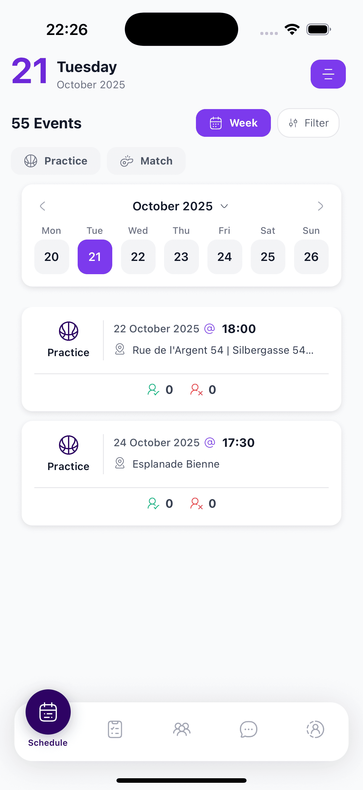 Elite Player mobile app schedule